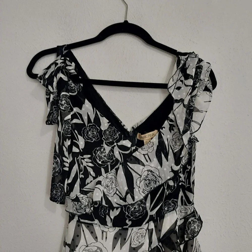 Dark Pink Deconstructed Midi Tea Dress Black White Layered Ruffled Sz US 2 /UK 6